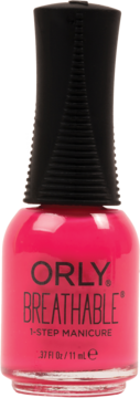 Różowy lakier do paznokci Orly Breathable 1-Step Manicure, butelka z czarną nakrętką, widok z przodu.