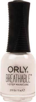 Biały lakier do paznokci Orly Breathable 1-Step Manicure, butelka 11 ml z czarną, prążkowaną nakrętką, widok z przodu.