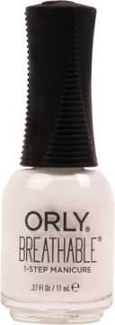 Biały lakier do paznokci Orly Breathable 1-Step Manicure, butelka 11 ml z czarną, prążkowaną nakrętką, widok z przodu.