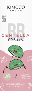 Opakowanie Kimoco Young BB Centella cream SPF 30 Light Beige, widok z przodu, z uśmiechniętymi liśćmi.
