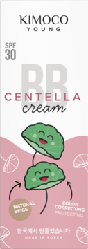 Kimoco Young BB Centella Cream SPF 30, biało-różowe opakowanie z liśćmi centelli, widok z przodu.