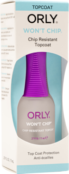 Orly Won't Chip Topcoat w białym pudełku z wycięciem, widoczna przezroczysta butelka z fioletową nakrętką.