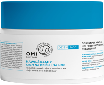 OMI Daily Care nawilżający krem na dzień i noc, białe opakowanie z niebieską pokrywką, widok z przodu.