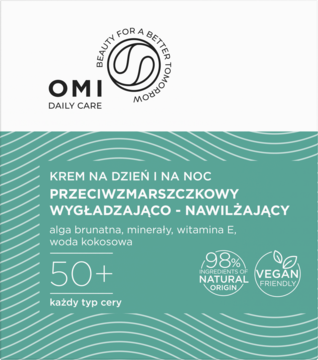 OMI krem nawilżająco-wygładzający 50+ z algą, turkusowo-białe opakowanie, widok przodem.