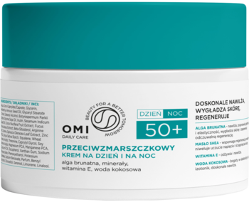 OMI DAILY CARE 50+ krem przeciwzmarszczkowy dzień/noc, biały słoik z turkusową zakrętką, przód. Z algą brunatną.