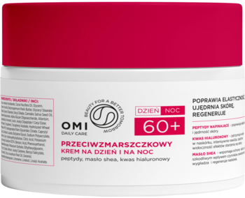Biały krem OMI Daily Care 60+ przeciwzmarszczkowy na dzień i noc z peptydami i masłem shea, widok z przodu.