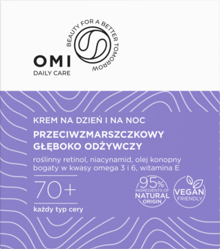 OMI Daily Care krem przeciwzmarszczkowy i odżywczy na dzień/noc. Fioletowa etykieta, z retinolem i niacynamidem.