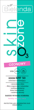 Bielenda Skin O3zone ozonowy krem SPF 50 do twarzy w biało-turkusowym opakowaniu, widok z przodu.