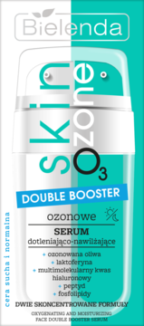 Bielenda Skin O3zone Double Booster: biało-turkusowe serum dotleniająco-nawilżające w butelce z podwójnym dozownikiem.