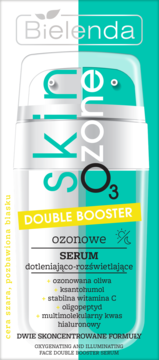 Bielenda Skin O3zone Double Booster, dotleniająco-rozświetlające serum w biało-turkusowym opakowaniu, widok z przodu.