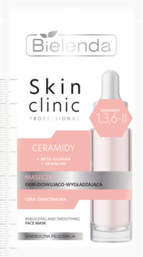 Bielenda Skin Clinic maseczka z ceramidami do cery odwodnionej, biało-różowa saszetka, widok z przodu.