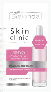 Bielenda Skin Clinic Professional maseczka regenerująca z peptydami, biała saszetka z różową grafiką butelki.