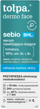 Tołpa dermo face sebio BHL serum, turkusowe opakowanie z białym tekstem, widok z przodu. Nawilża i redukuje niedoskonałości.