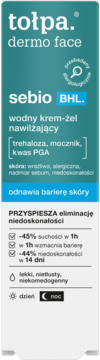 Tołpa Dermo Face Sebio BHL krem-żel nawilżający niekomedogenny, turkusowe pudełko, widok z przodu.