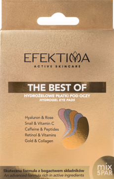 Efektima The Best Of hydrożelowe płatki pod oczy, złoto-brązowe pudełko z listą 5 rodzajów składników, widok z przodu.