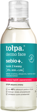 Tołpa dermo face sebio+ tonik 5% AHA+LHA w przezroczystej butelce z tealową etykietą, widok z przodu.