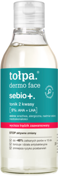 Tołpa dermo face sebio+ tonik 5% AHA+LHA w przezroczystej butelce z tealową etykietą, widok z przodu.