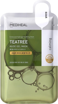 Mediheal Teatree Nude Gel Mask, kojąca hydrożelowa maska w zielonej saszetce z bąbelkami, widok z przodu.