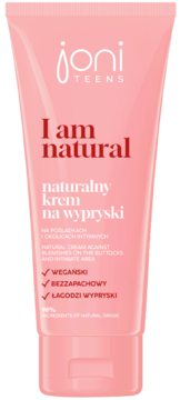 Różowy krem Joni Teens "I am natural" na wypryski, tuba z przodu, z napisem "naturalny krem na wypryski".