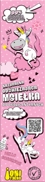 Różowa butelka mgiełki JONI TEENS, z białym jednorożcem i napisem "Naturalna Mgiełka".