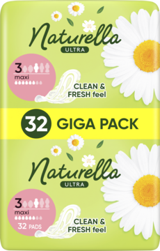 Naturella Ultra Maxi podpaski ze skrzydełkami, 32 sztuki Giga Pack, zielone opakowanie z rumiankiem, widok z przodu.