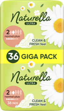 Naturella Ultra 36 GIGA PACK, zielone opakowanie z białymi stokrotkami. Z przodu opis '2 normal plus'.