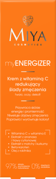 Miya myENERGIZER krem z witaminą C w pomarańczowym opakowaniu, redukujący ślady zmęczenia. Widok z przodu.