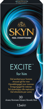 SKYN EXCITE for him arousal gel, black box with swirling blue design, 15ml, front view.