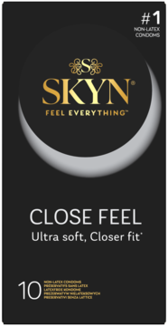 Czarno-złote opakowanie prezerwatyw SKYN CLOSE FEEL, nielateksowych, 10 sztuk, widok z przodu.