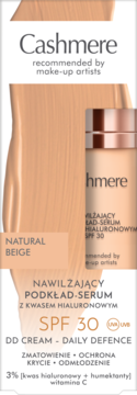Cashmere nawilżający podkład-serum DD Cream SPF 30 Natural Beige z widoczną butelką i próbkami.