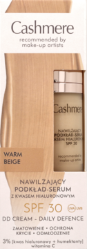 Beżowe pudełko Cashmere DD Cream, podkład-serum SPF 30, Warm Beige, z widoczną butelką w otworze.