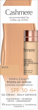 Beżowy podkład-serum Cashmere Daily Defence SPF 30. Widok produktu w butelce i smuga.