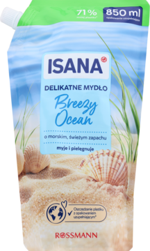 ISANA Breezy Ocean, delikatne mydło w płynie 850ml, uzupełniacz. Opakowanie niebiesko-piaskowe z muszlami.