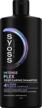 Syoss Intense Plex Shampoo 4% Plex-Bond-Complex, czarna butelka, widok z przodu, do zniszczonych włosów.