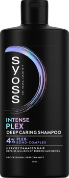 Syoss Intense Plex Shampoo 4% Plex-Bond-Complex, czarna butelka, widok z przodu, do zniszczonych włosów.