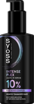 Syoss Intense Plex serum do włosów z pompką, czarna butelka, do włosów mocno zniszczonych, widok z przodu.