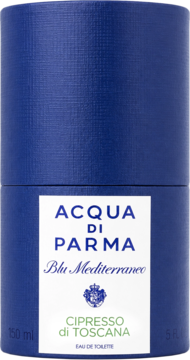 Acqua di Parma Blu Mediterraneo Cipresso di Toscana, niebieskie cylindryczne opakowanie wody toaletowej 150ml, widok z przodu.