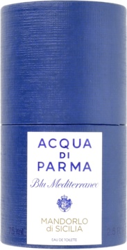 Woda toaletowa Acqua Di Parma Blu Mediterraneo Mandorlo Di Sicilia w niebieskim, teksturowanym opakowaniu, widok z przodu.