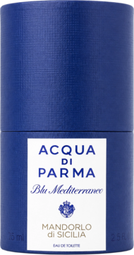 Cylindryczne, granatowe pudełko wody toaletowej Acqua Di Parma Mandorlo Di Sicilia, biała etykieta.
