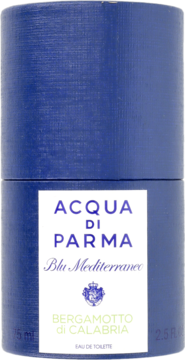 Niebieskie, cylindryczne opakowanie Acqua di Parma Blu Mediterraneo Bergamotto di Calabria EDT, widok z przodu.