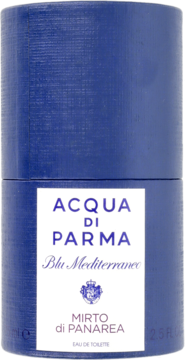 Acqua di Parma Blu Mediterraneo Mirto di Panarea woda toaletowa, granatowe cylindryczne pudełko z białą etykietą, widok z przodu.