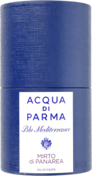 Acqua di Parma Blu Mediterraneo Mirto di Panarea EDT w niebieskiej, teksturowanej butelce, widok z przodu.