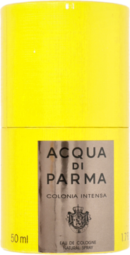 Acqua di Parma Colonia Intensa 50 ml, żółte cylindryczne opakowanie z srebrną etykietą i logo, widok z przodu.