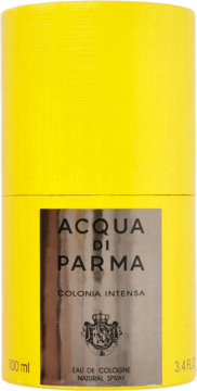 Acqua di Parma Colonia Intensa, żółte cylindryczne opakowanie 100 ml z szarą etykietą, widok z przodu.