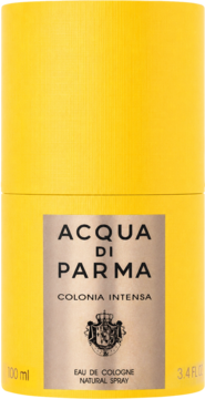 Żółty kartonik Acqua di Parma Colonia Intensa Eau de Cologne 100ml, z etykietą i herbem, przód.