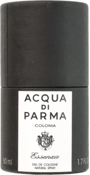 Acqua di Parma Colonia Essenza w czarnej butelce z białą etykietą, widok z przodu. Flakon Eau de Cologne 50 ml.