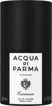 Czarna cylindryczna butelka perfum Acqua di Parma Colonia Essenza 50ml, z białą etykietą, widok z przodu.
