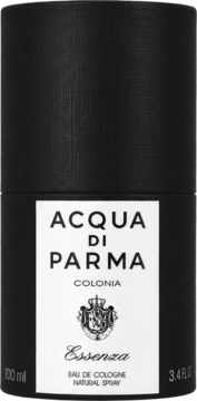 Czarny flakon Acqua di Parma Colonia Essenza 100 ml o teksturze, z białą etykietą i logo, widok z przodu.