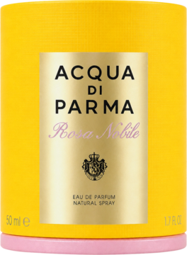 Acqua di Parma Rosa Nobile 50ml, perfumy w żółtym pudełku ze złotą etykietą i różowym napisem, widok z przodu.