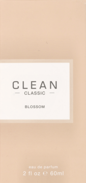 Beżowe pudełko Clean Classic Blossom Eau de Parfum 60ml, z białym panelem i szarym napisem, widok z przodu.